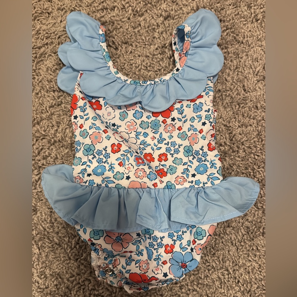 Floral Blue Ruffle Kids Swimsuit